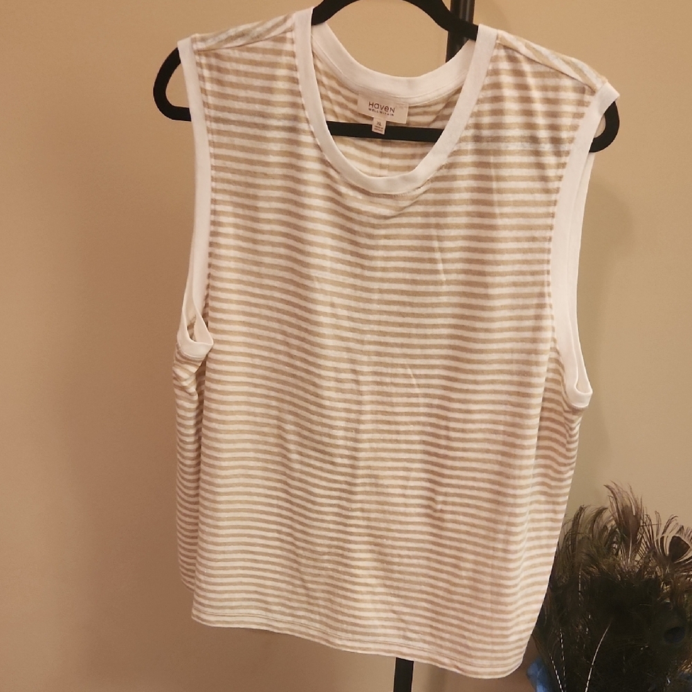 Haven Well Within White and Beige Linen Tank